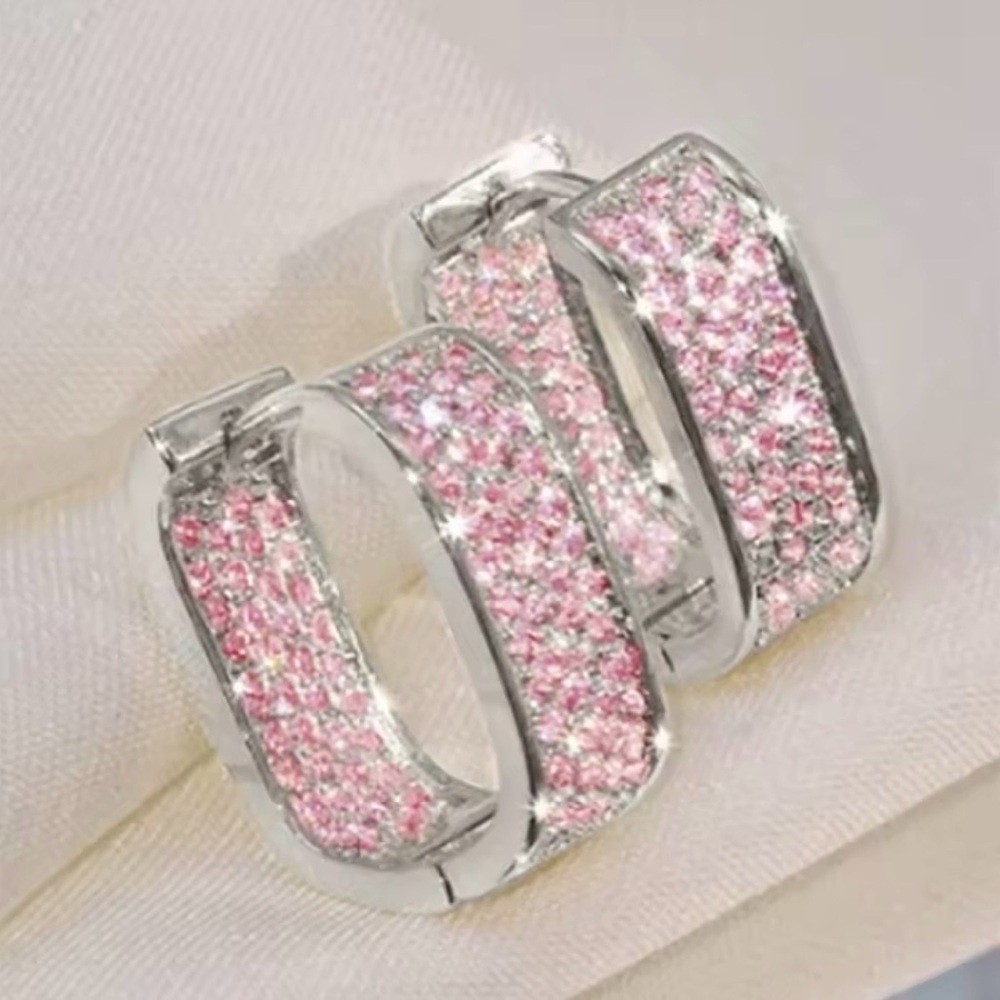 Clearance! Silver Pink Simulated Amethyst Rectangular Crystal Hoop Earrings - Picture 2 of 6